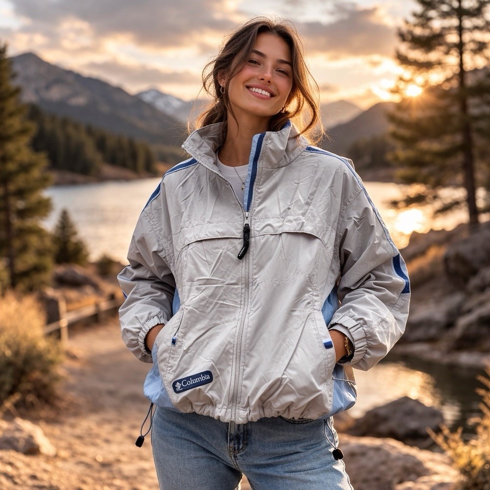 Columbia Packable Windbreaker Jacket Womens Large Gray Blue Zip Up Outdoor Light